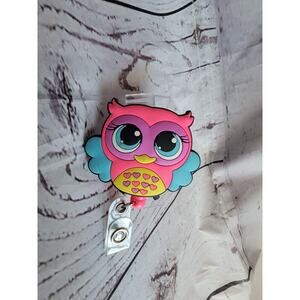Pink Owl Badge Reel ID Holder Retractable Name Tag Clip